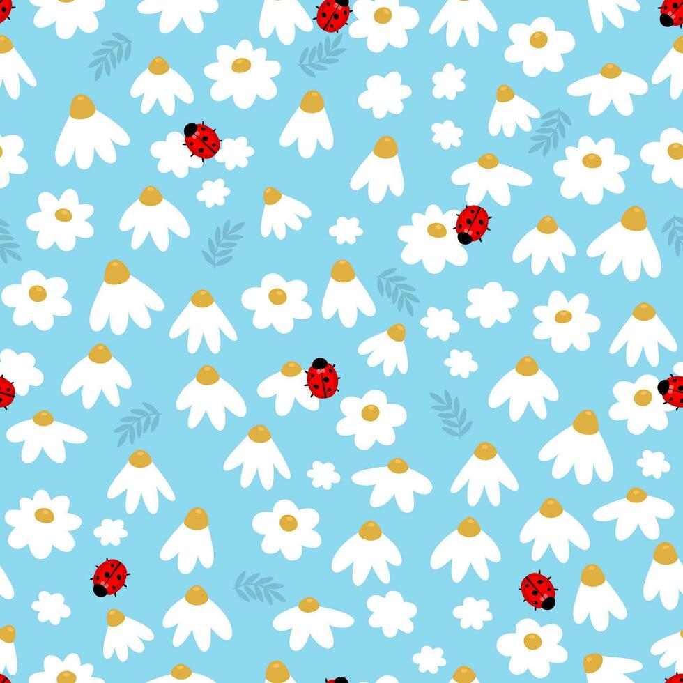 Seamless pattern with delicate white camomile flowers and ladybugs vector