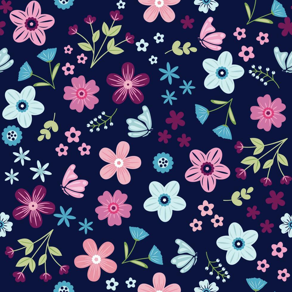 Cute drawing in a small flowers and butterfly. Floral background. vector