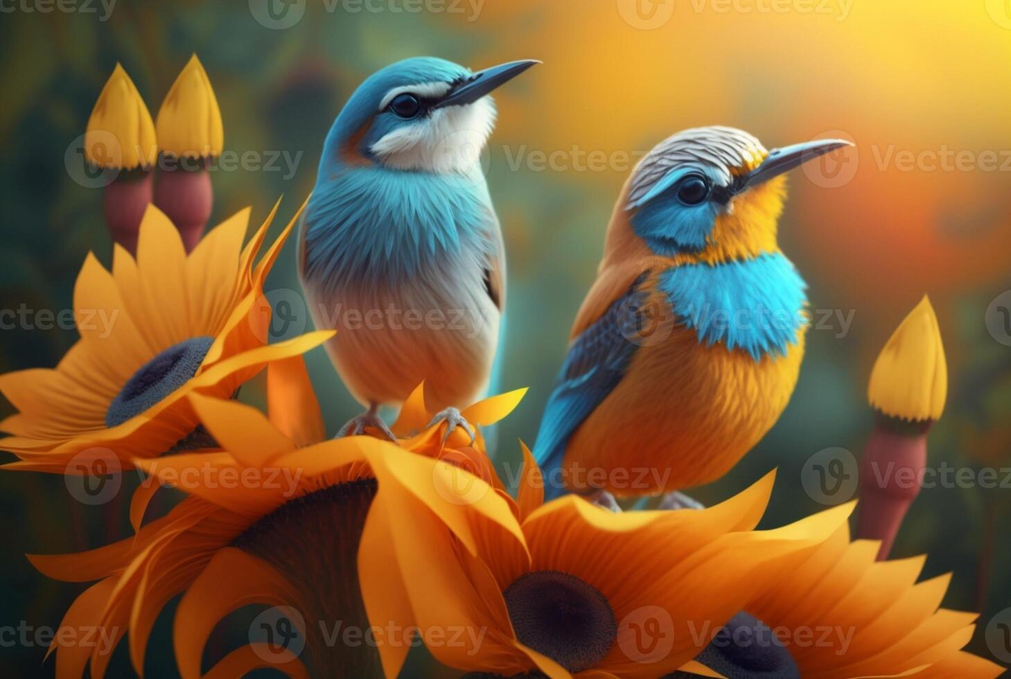 Two beautiful birds above the flowers. photo