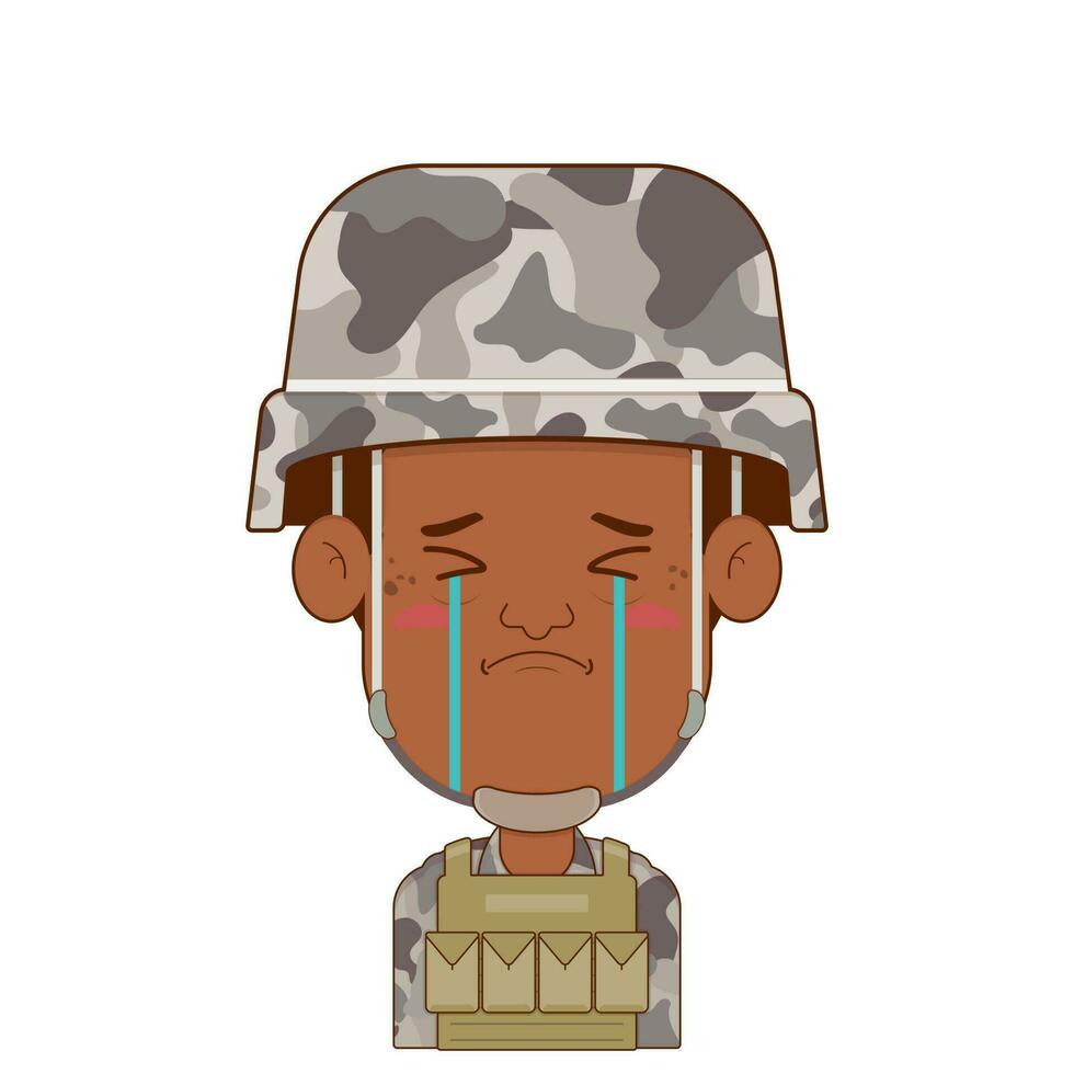 soldier crying and scared face cartoon cute vector