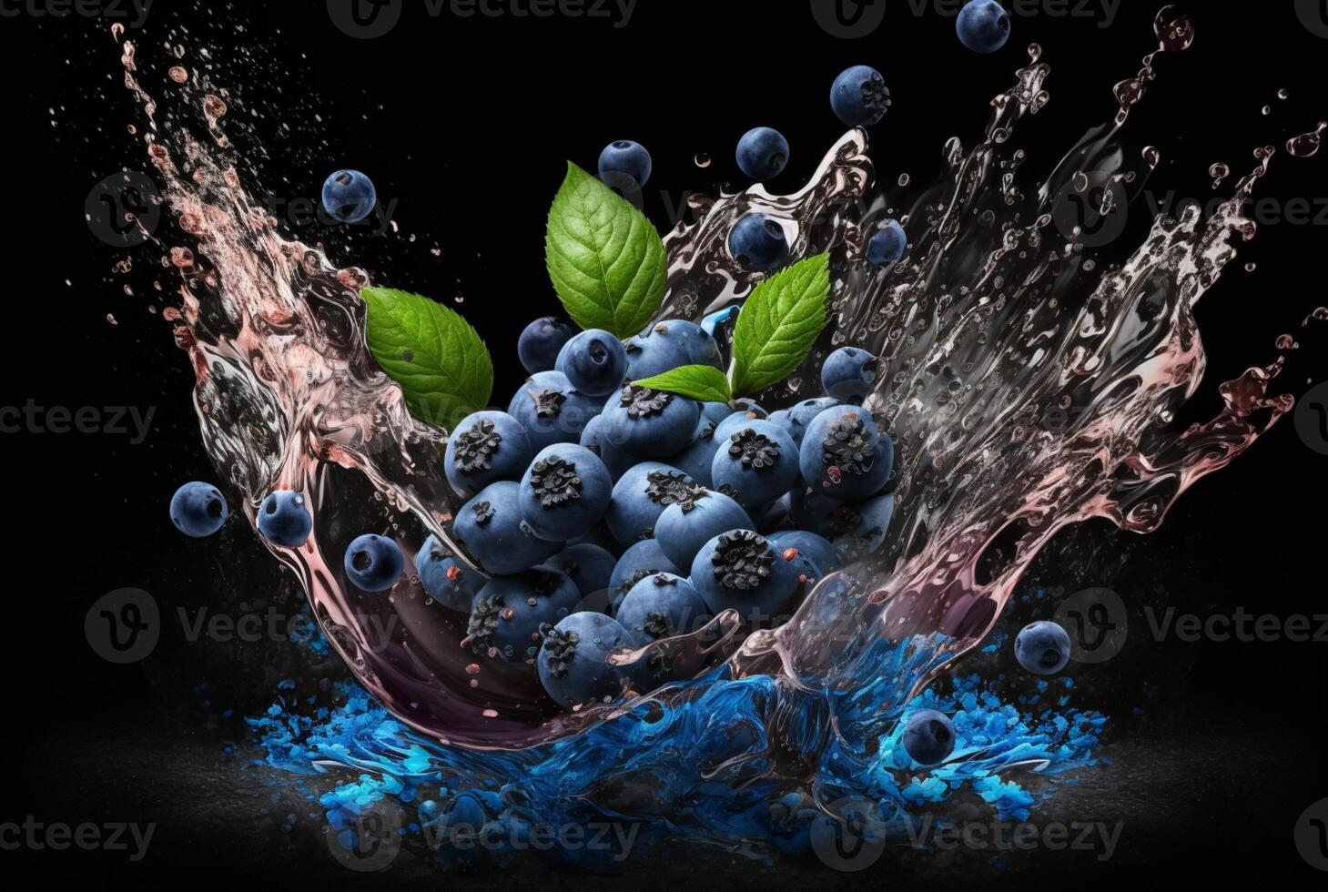 blueberries with water splash isolated on black background. photo