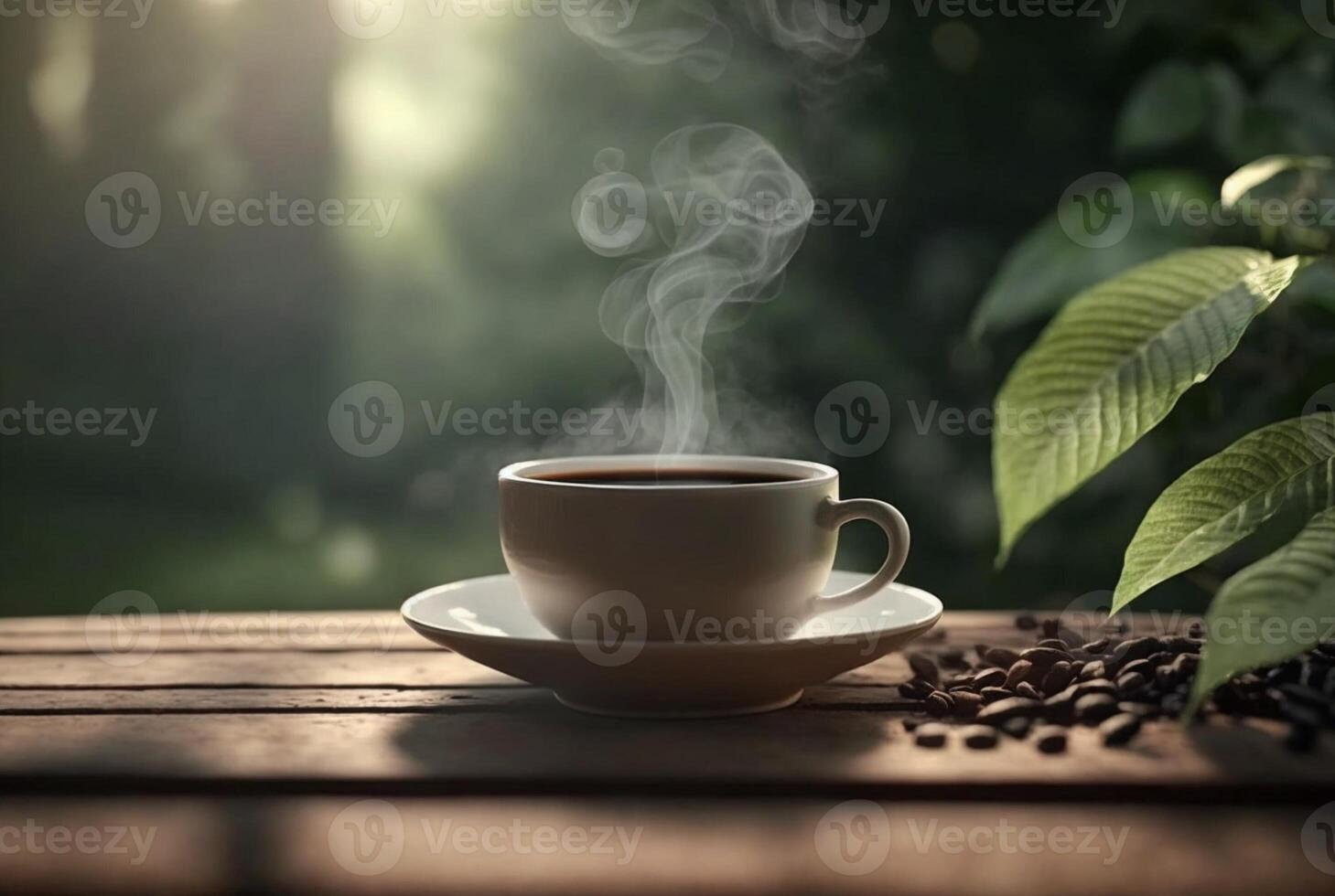 cup of hot coffee with smoke and coffee beans on table with blurred background of coffee garden. photo