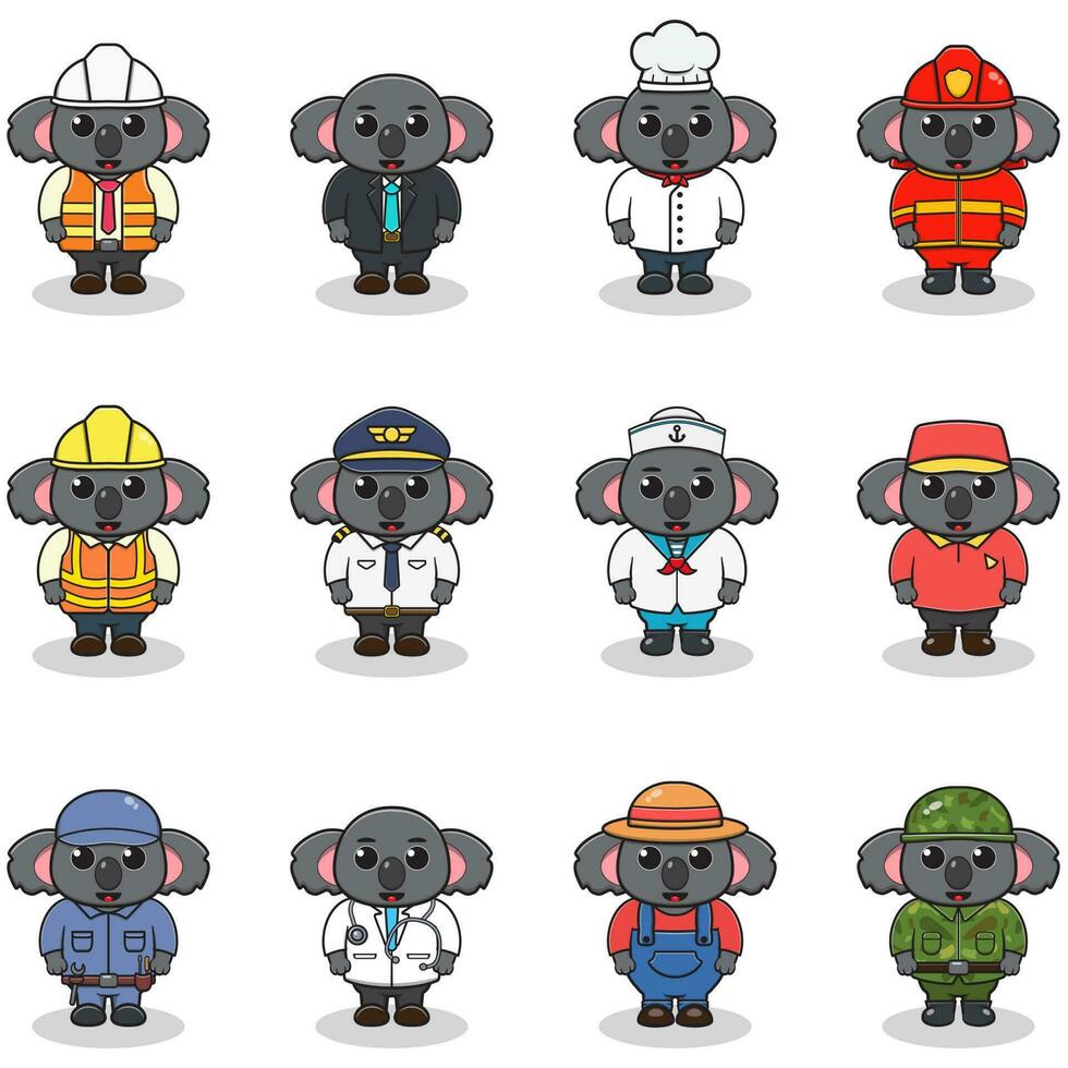 Vector set of cute Koala with different professions. Cartoon cute Koala dressed in different occupation uniform. Vector characters with jobs different occupation.