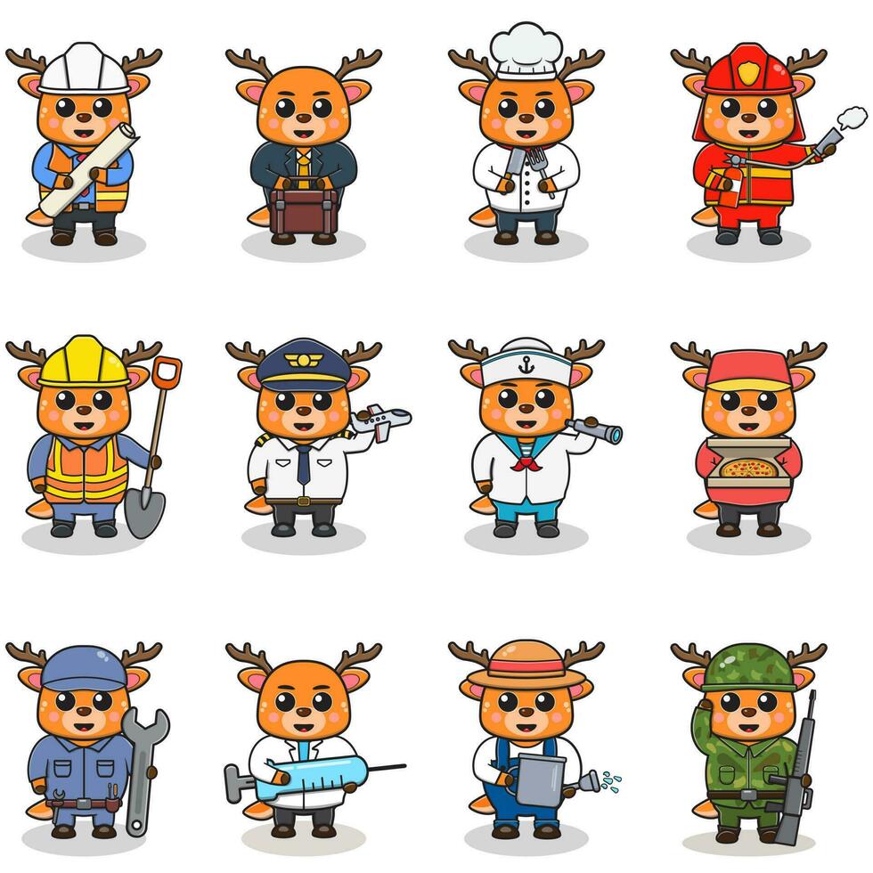 Cartoon Deer in professional uniform. Vector set of Deer different professions. Vector characters with jobs different occupation. Different jobs professionals. Isolated vector icons set