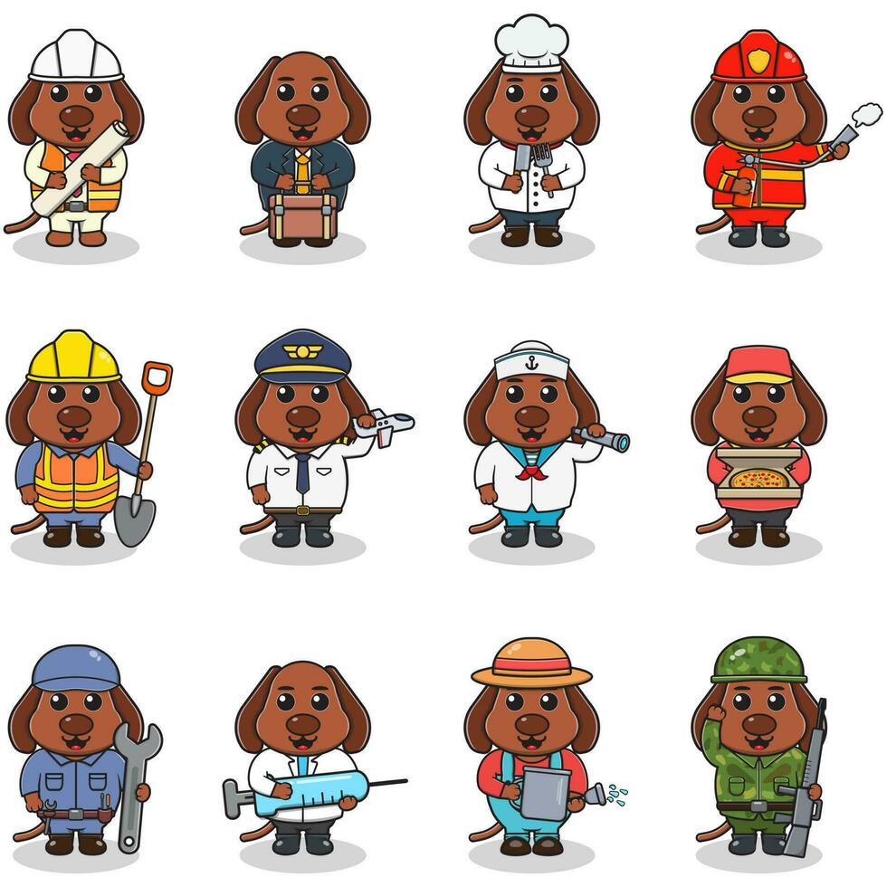 Cartoon Dog in professional uniform. Vector set of Dog different professions. Vector characters with jobs different occupation. Different jobs professionals. Isolated vector icons set