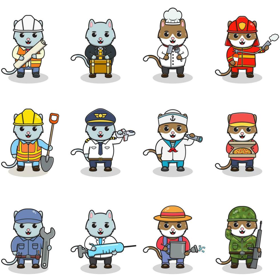 Cartoon Cat in professional uniform. Vector set of Cat different professions. Vector characters with jobs different occupation. Different jobs professionals. Isolated vector icons set