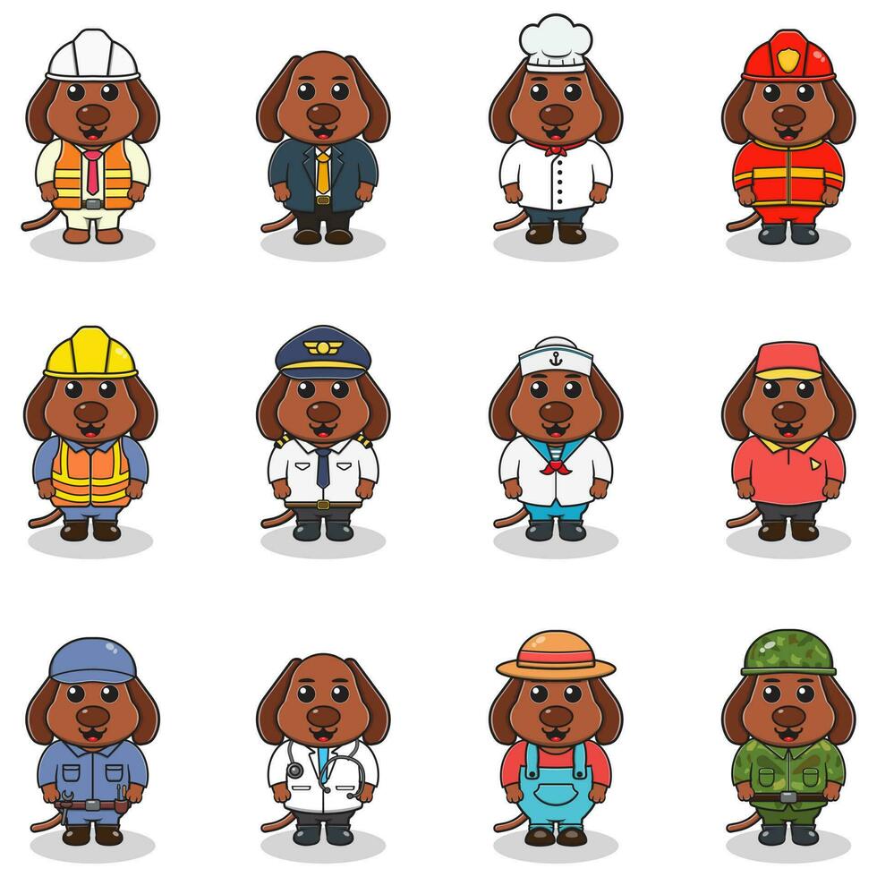 Vector set of cute Dog with different professions. Cartoon cute Dog dressed in different occupation uniform. Vector characters with jobs different occupation.