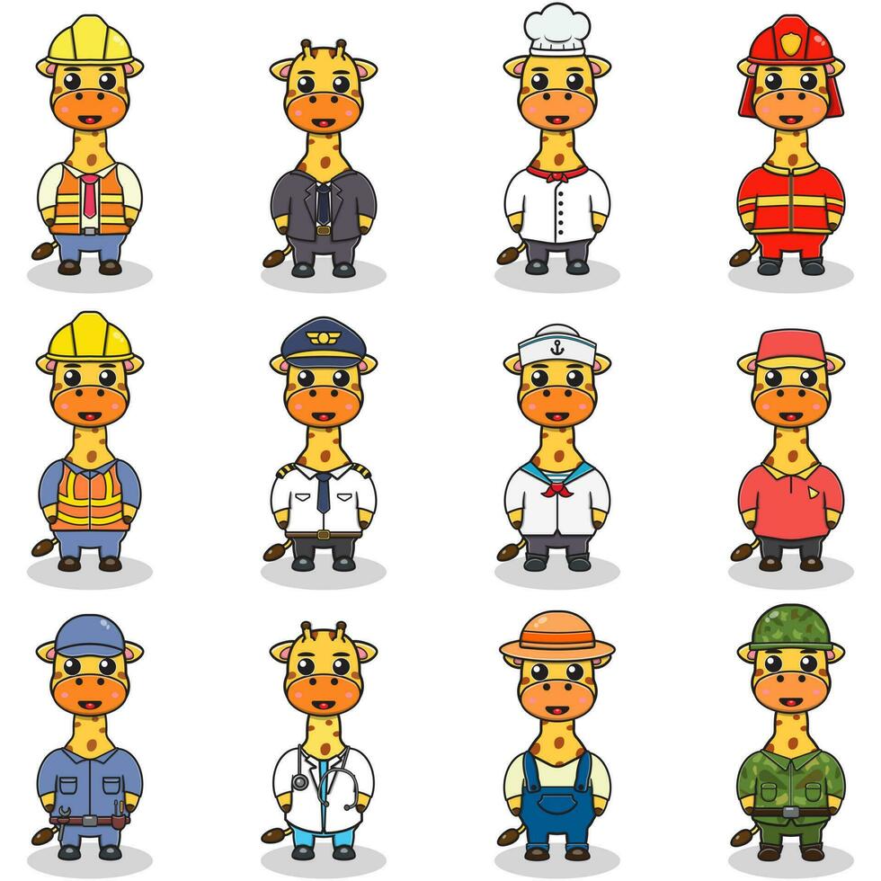 Vector set of cute Giraffe with different professions. Cartoon cute Giraffe dressed in different occupation uniform. Vector characters with jobs different occupation.