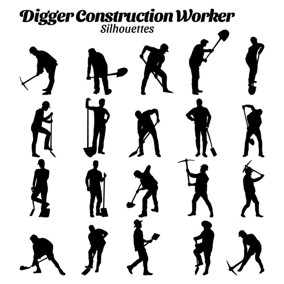 Digger construction worker Silhouette vector illustration set.