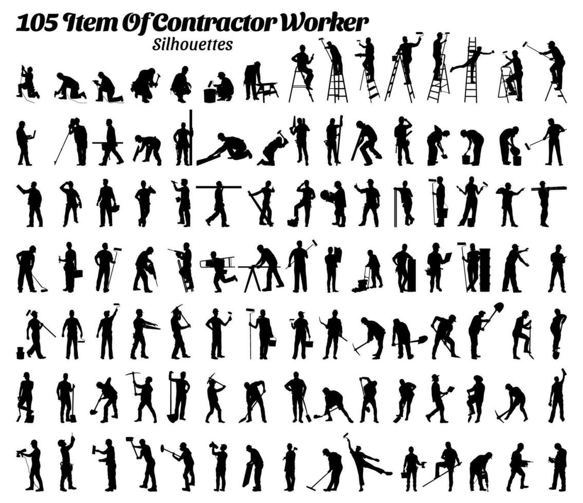 Set of 105 item contractor worker silhouette vector illustration.