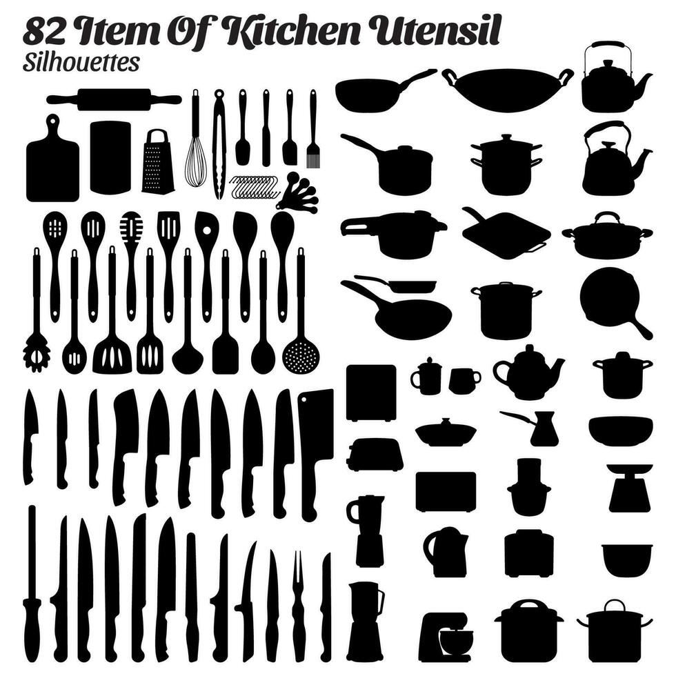 Kitchen utensil silhouette vector illustration set