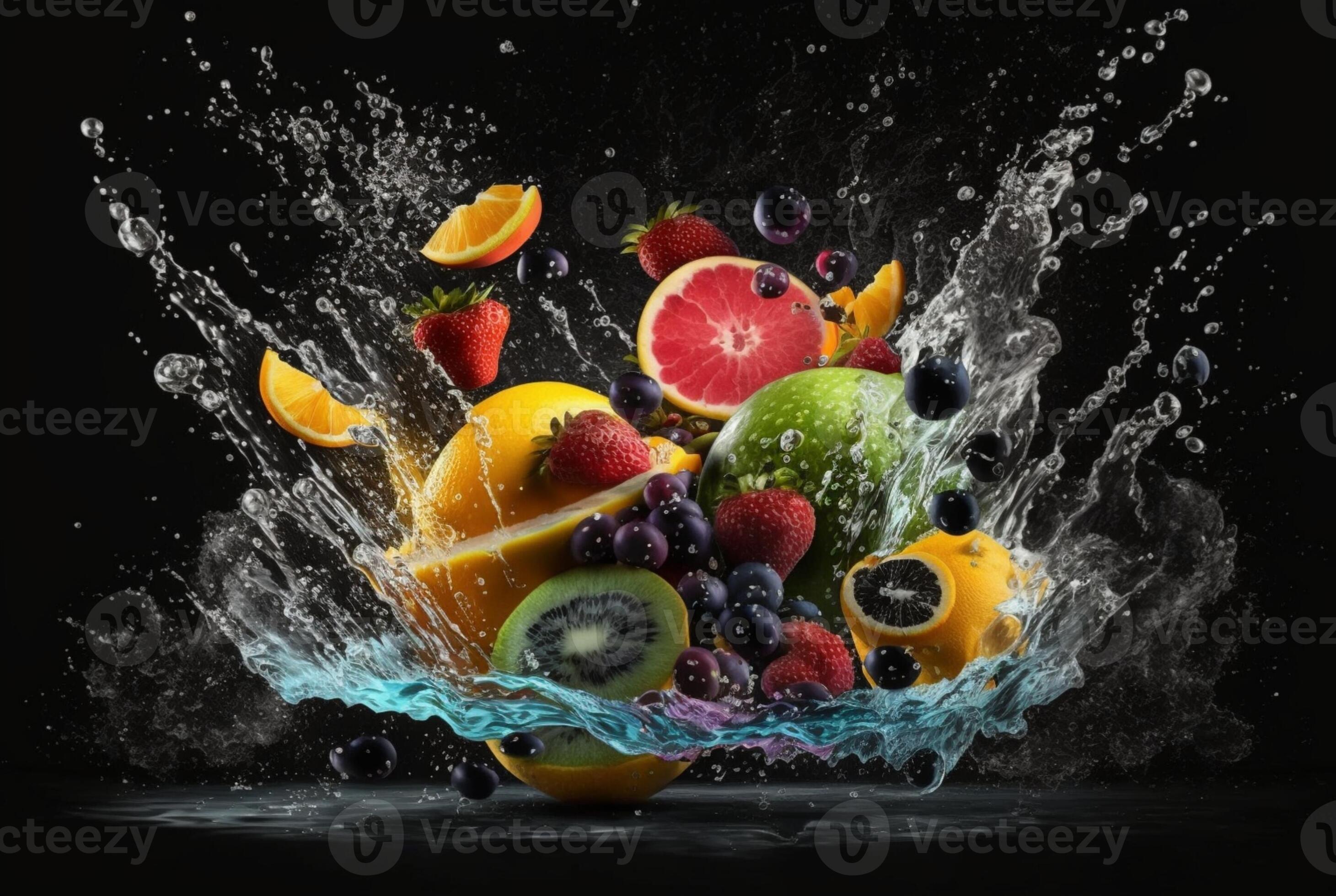 Fresh fruits with water splash isolated on black background. 23820287