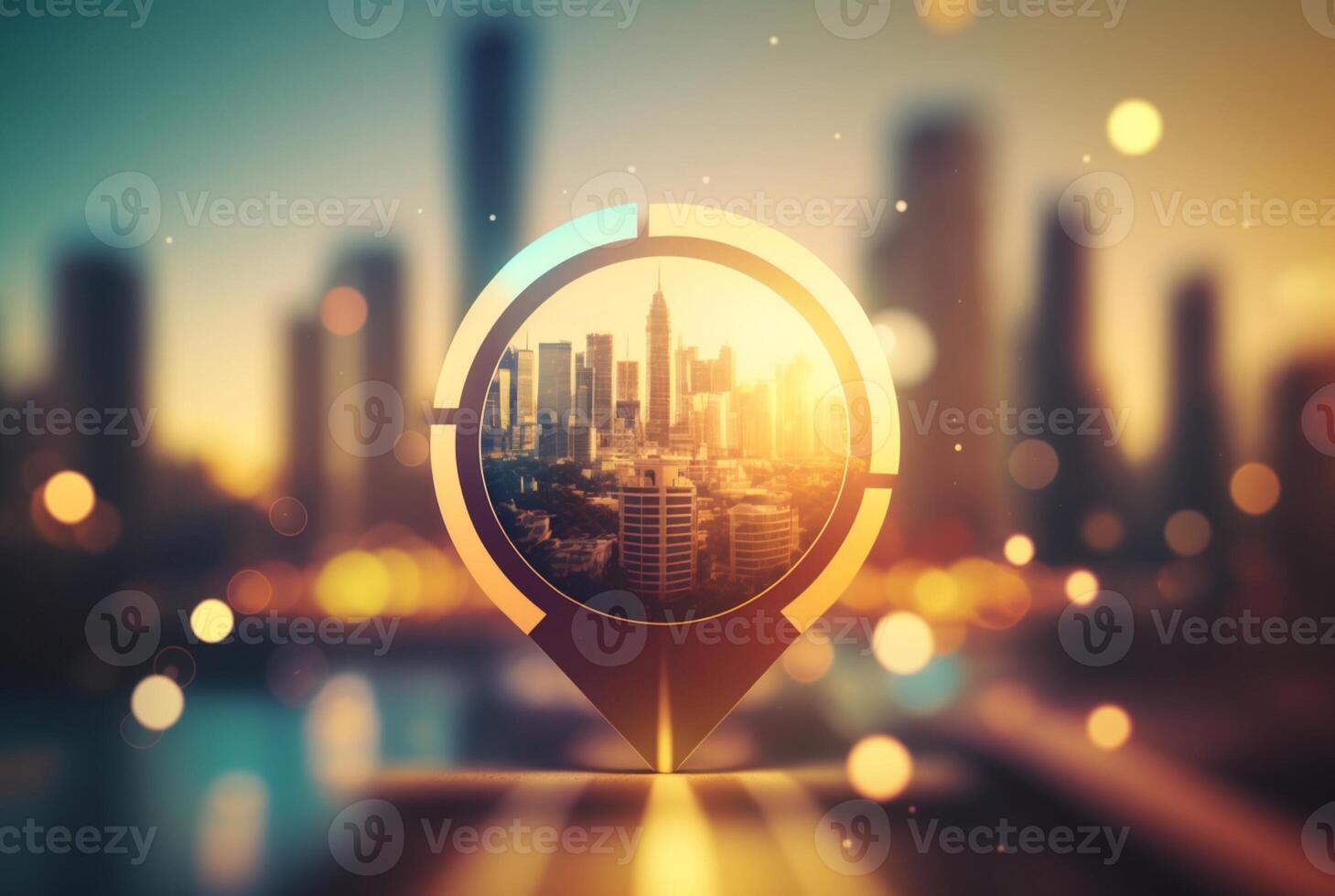 Travel and technology concept. Gps icon on bokeh city background. photo