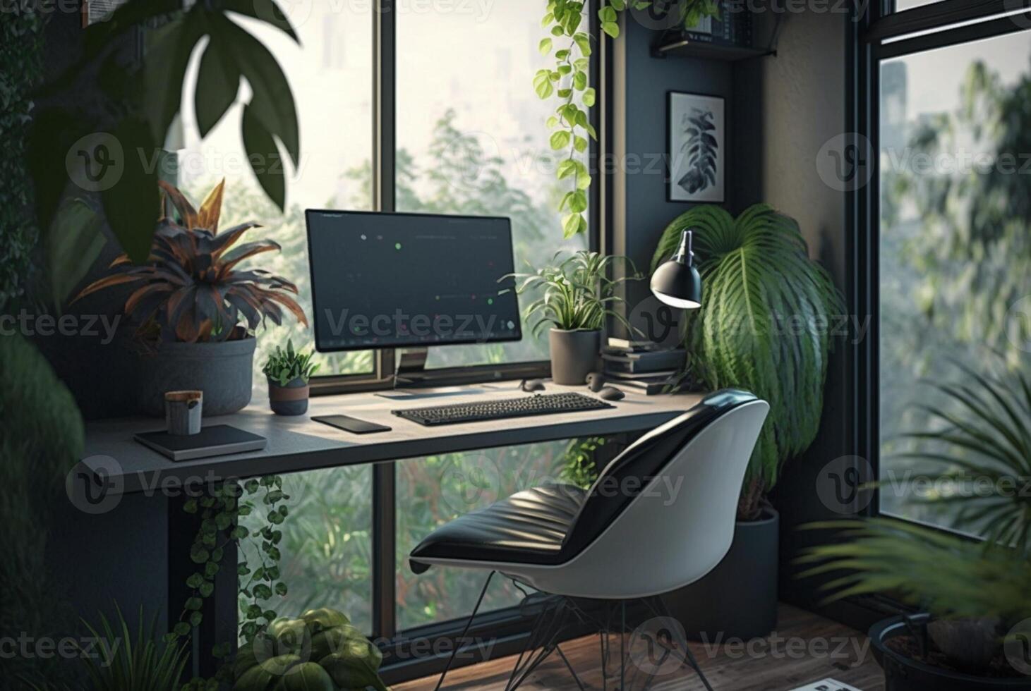 Cozy home office interior featuring furniture, houseplants and large windows to let in natural light. photo