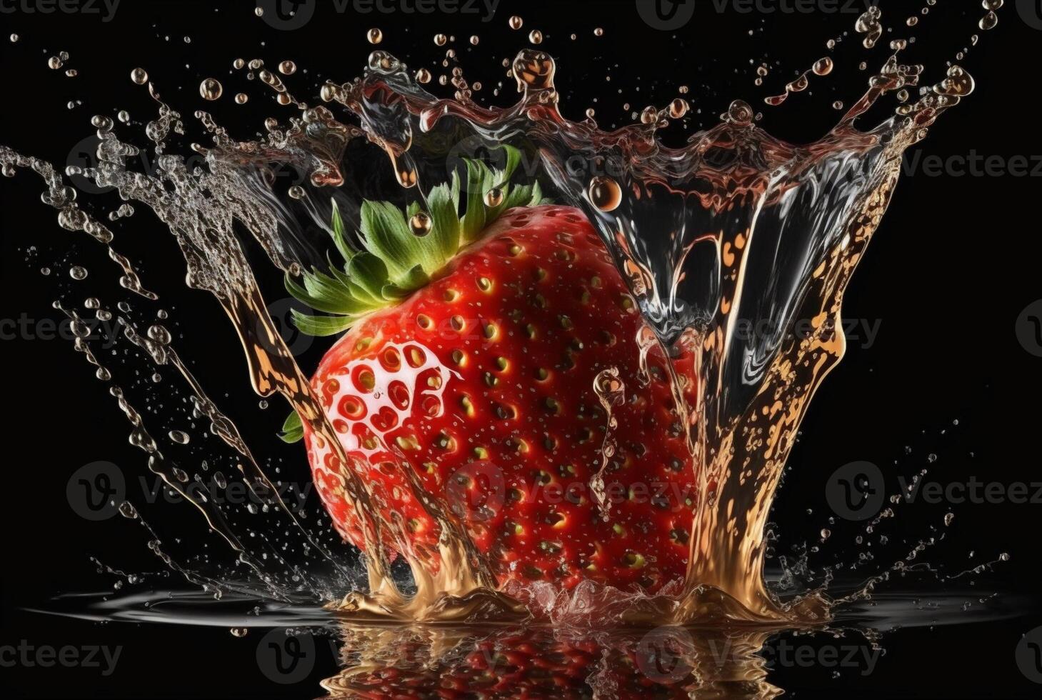 strawberry with water splash isolated on black background. photo