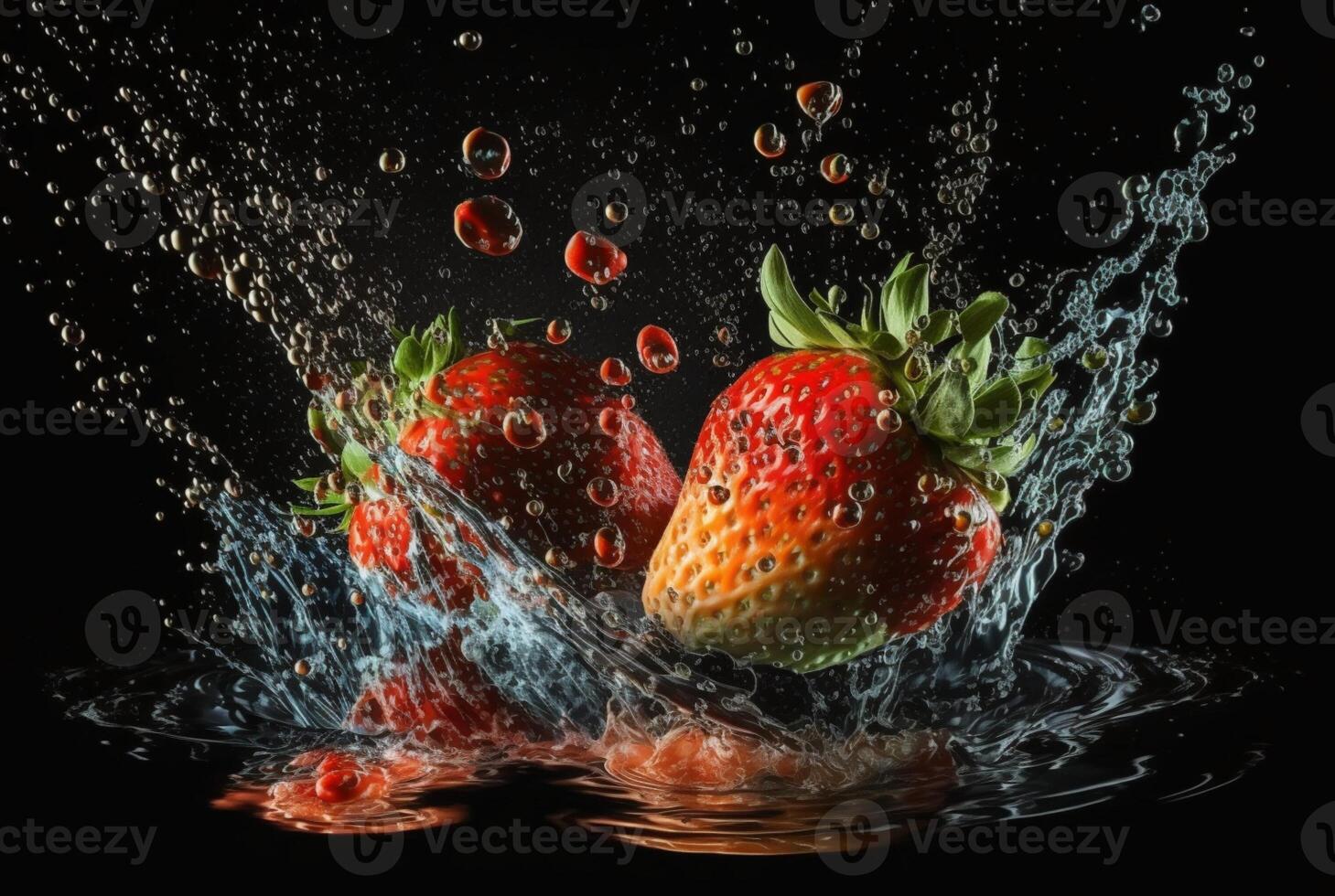 strawberry with water splash isolated on black background. photo
