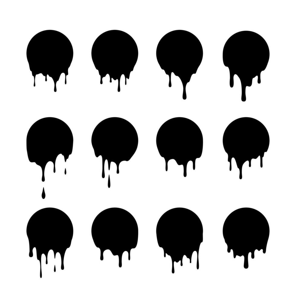 Set of dripping black circles. Dripping liquid. Liquid drops of ink. Vector illustration isolated on white