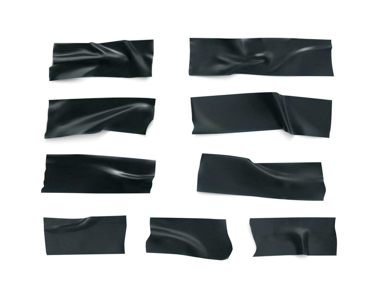 Realistic black insulating tape strip. Sticky scotch isolated on white background. Adhesive tape pieces set. Vector