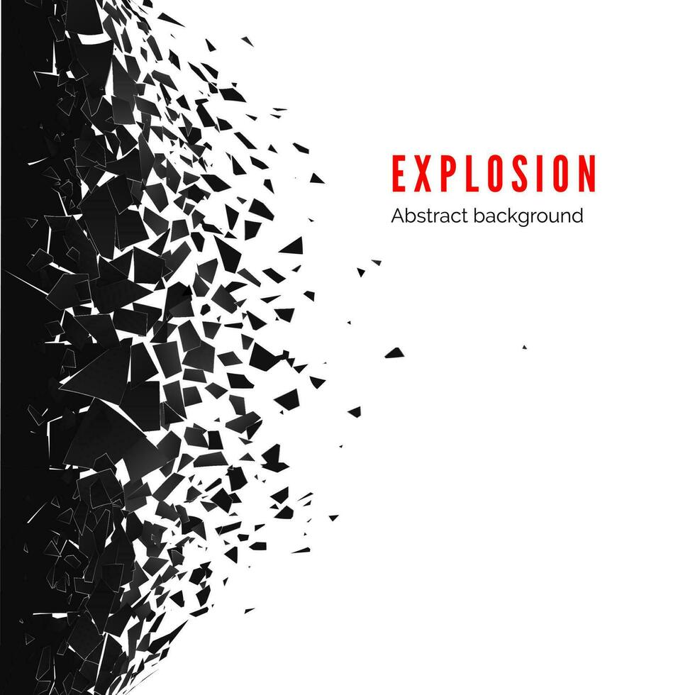 Abstract cloud of pieces and fragments after wall explosion. Demolition black wall. Shatter and destruction effect. Vector illustration