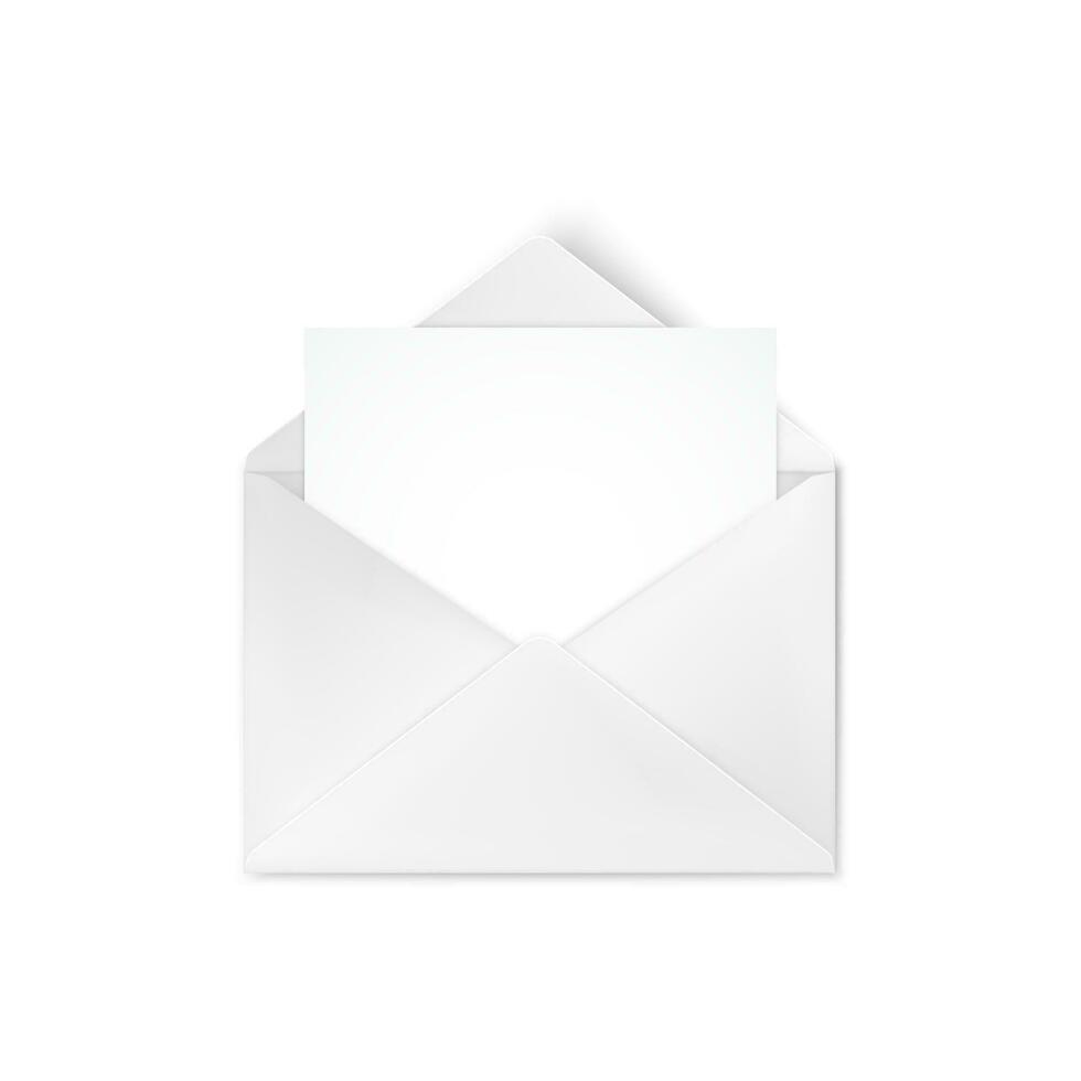 Realistic empty open white envelope with note for text. Vector illustration