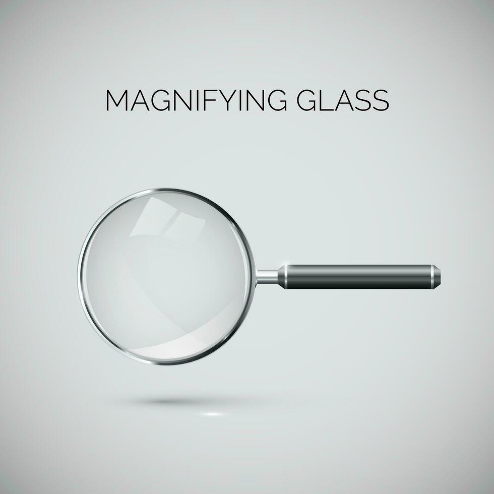 Magnifying glass with metal frame and black handle. Realistic style illustration. Vector
