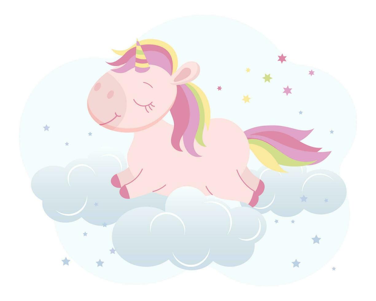 Cute magical unicorn on clouds in the sky with moon and stars. Baby illustration, postcard, vector