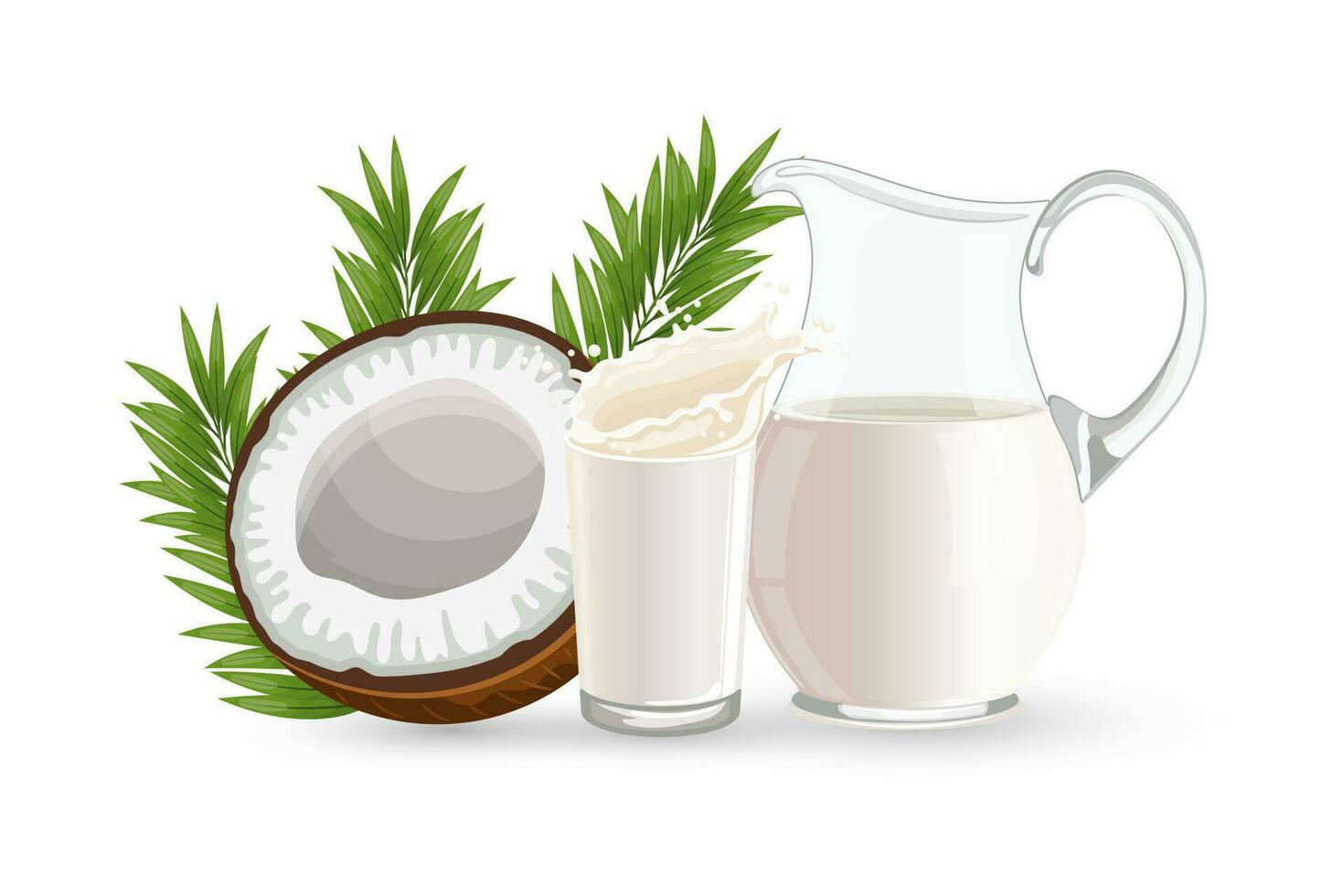 Coconut, half a coconut, a jug and a glass of milk with splashes on a white background. Illustration, vector
