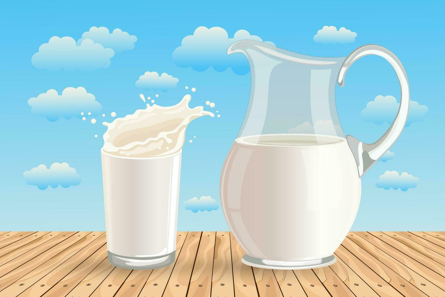 A glass of milk and a jug of milk on a wooden table against the backdrop of a summer landscape. Poster, banner, illustration, vector
