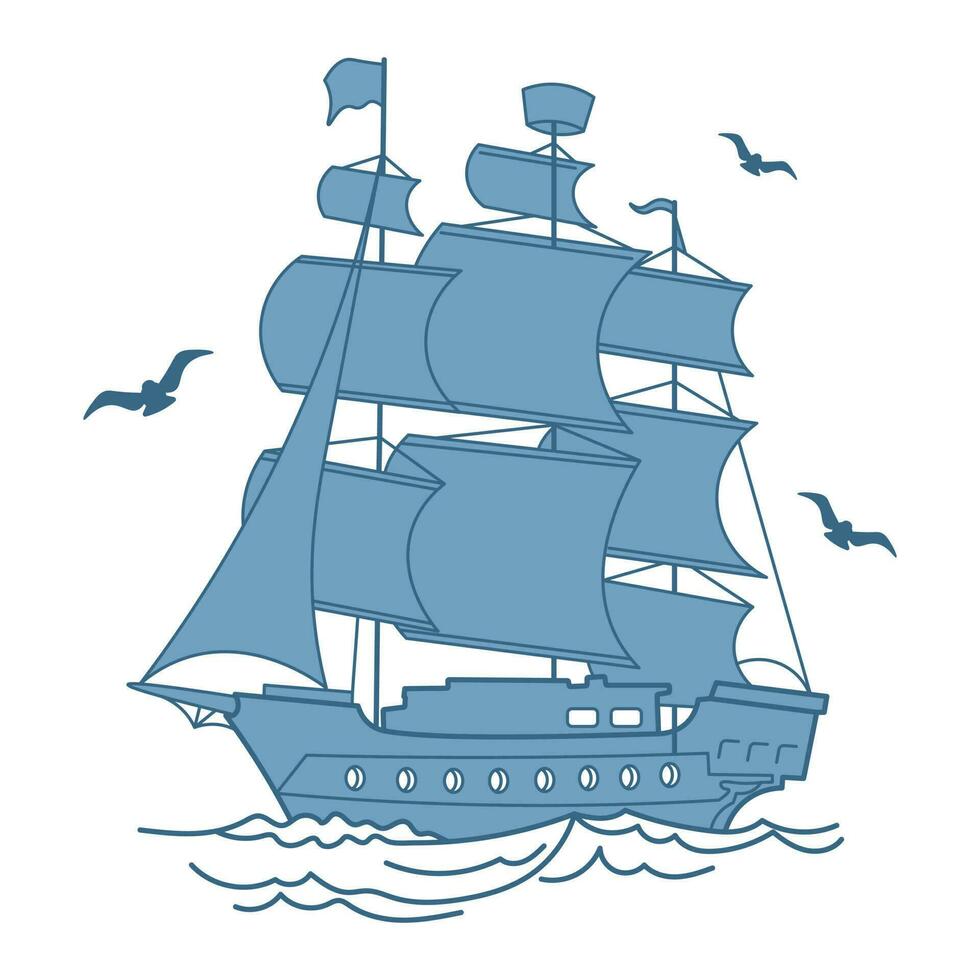 Blue sea ship, frigate, caravel with seagulls. Sea illustration, transport, vector