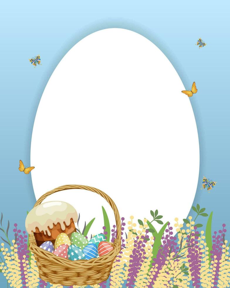 Easter frame with Easter basket, Easter cake, eggs on a blue background with flowers and butterflies. Easter card, background, vector