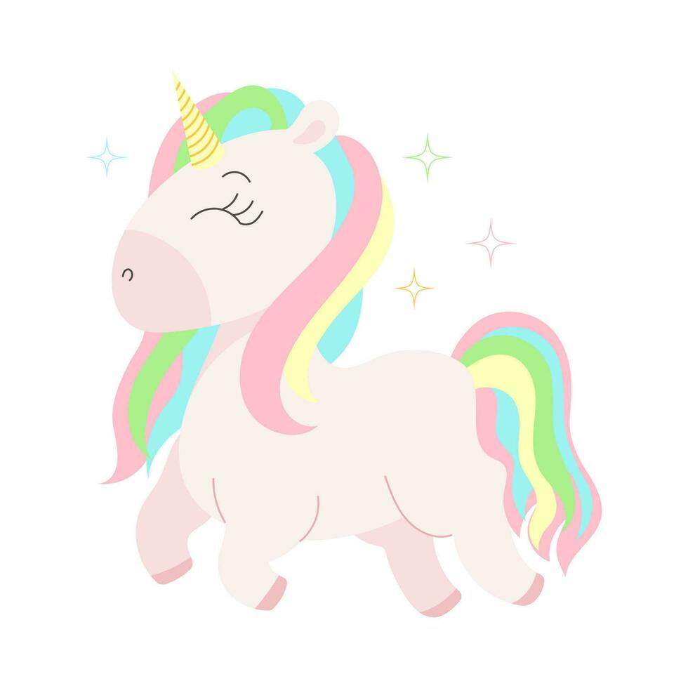 Cute unicorn with rainbow mane and rainbow tail. Children's magic illustration, postcard, vector