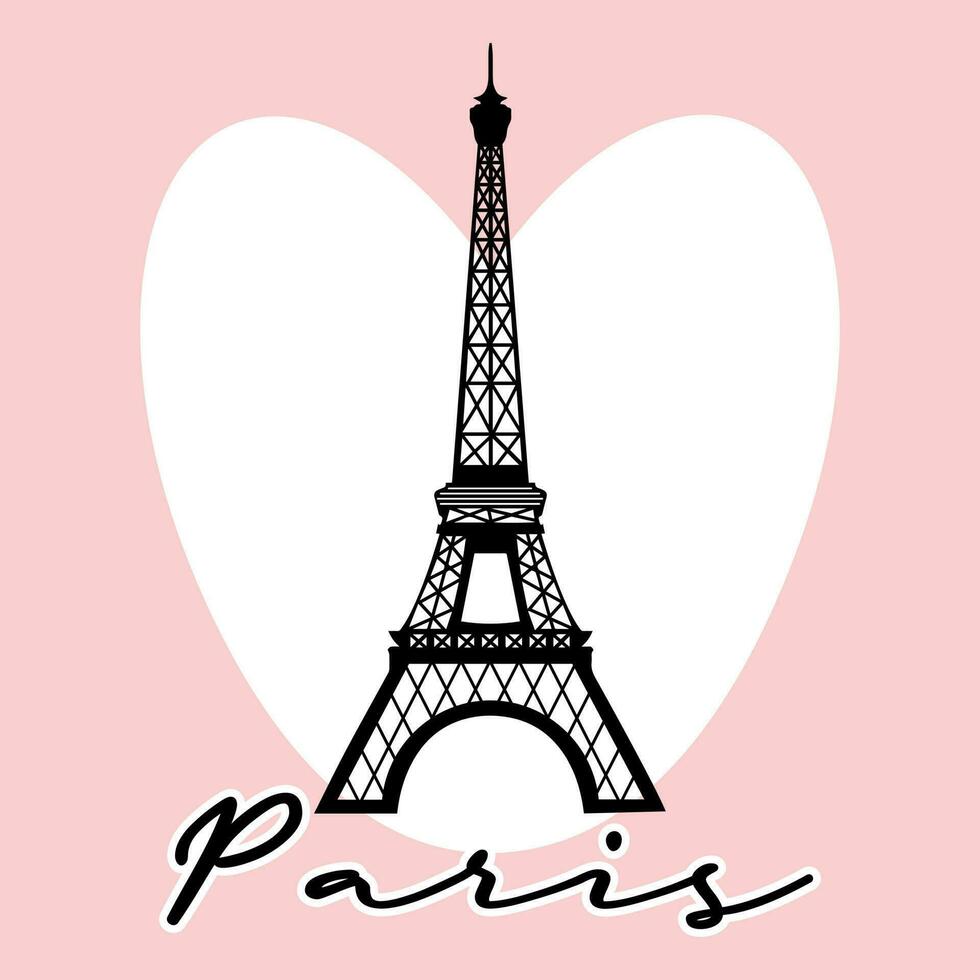 Silhouette of the Eiffel Tower and the inscription Paris on the background of the heart. Retro poster, illustration, vector