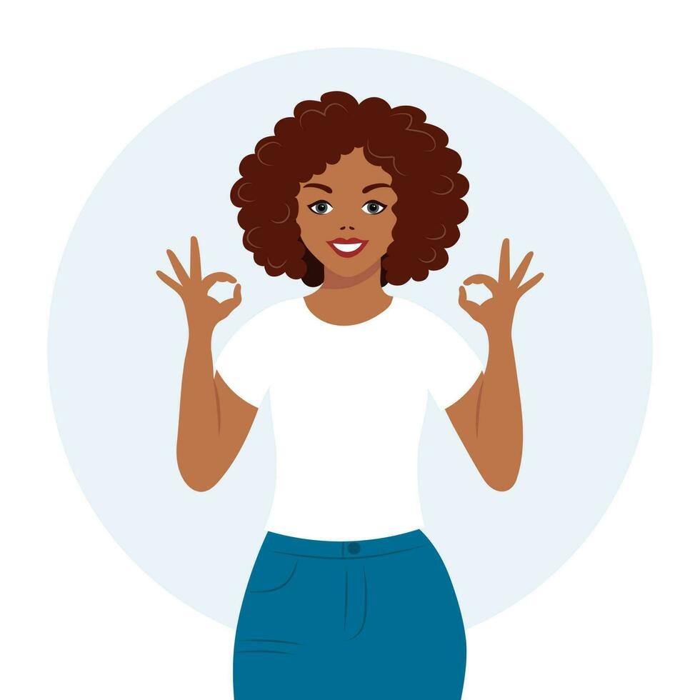 Young woman in glasses with a joyful expression and an ok gesture. Emotions and gestures. Flat style illustration, vector