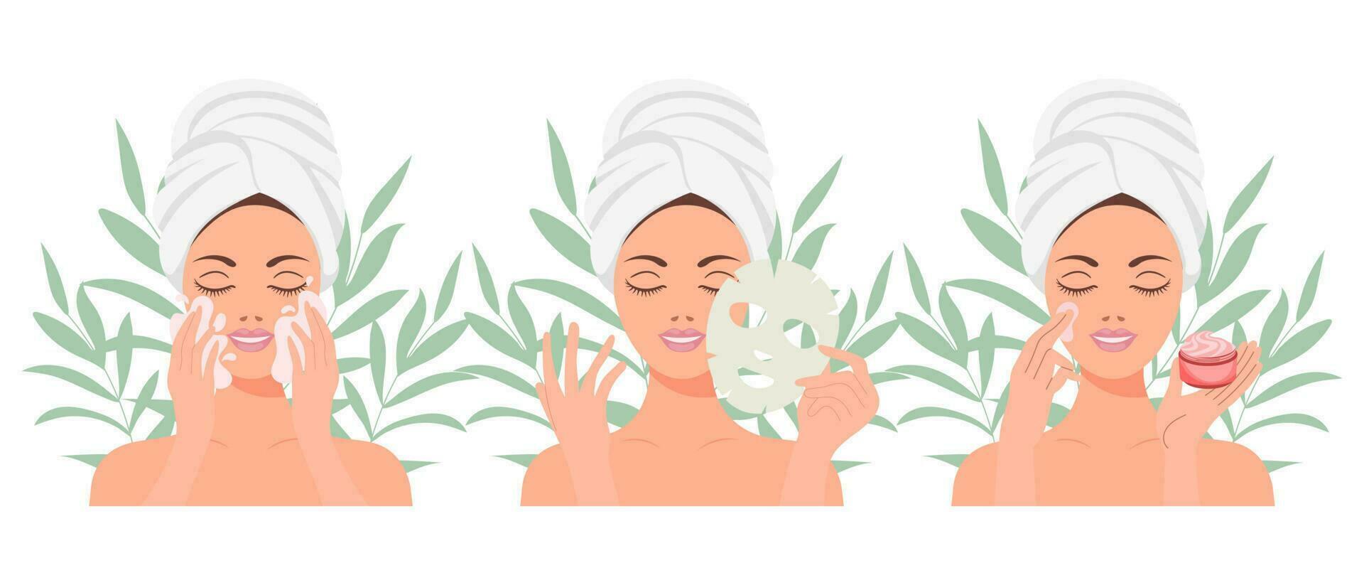 Facial skin care. A woman takes care of her skin. Cosmetic masks, patches, cream, lotion, soap, face mousse. Clip art set, vector
