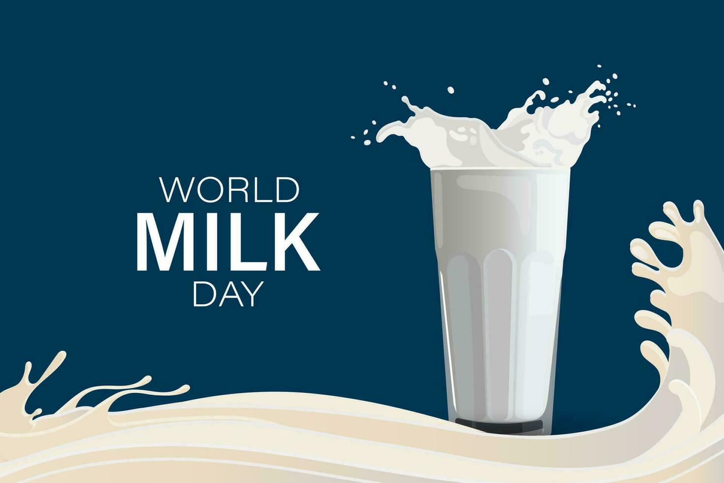 World Milk Day, banner. Glass with milk splash and text. Poster, illustration, vector