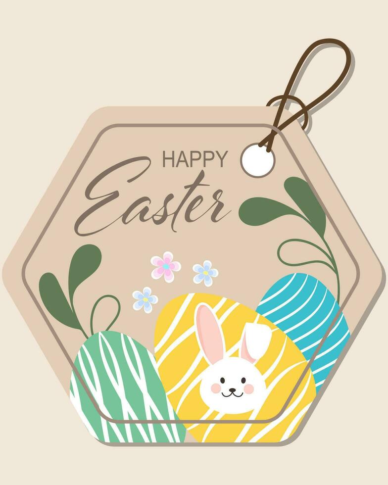 Cute Easter Bunny with eggs and flowers. Easter sticker, label. Postcard, sticker, cartoon childish style, vector