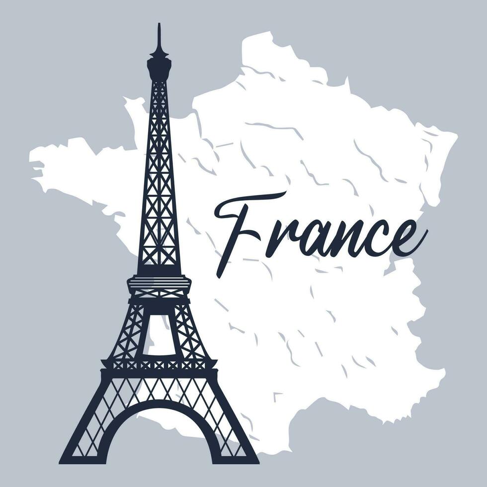 Eiffel tower on the background of the map of France. Print, poster, illustration, vector