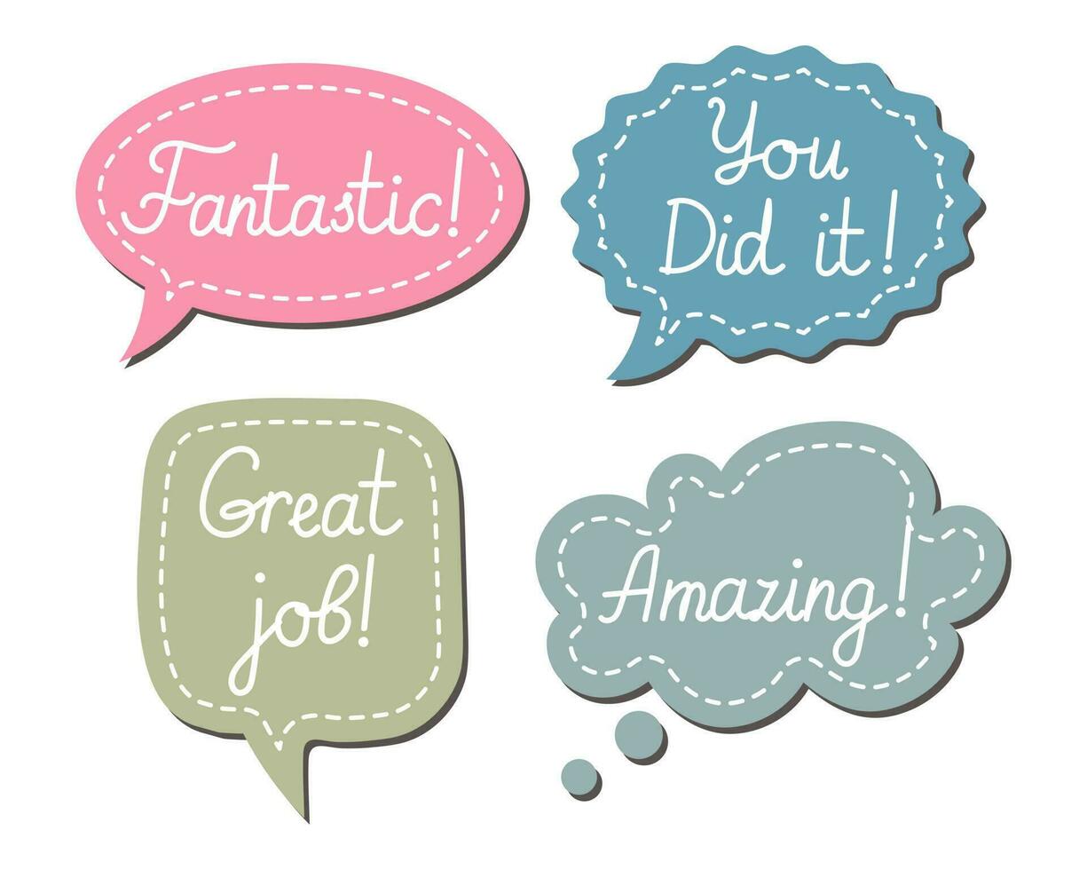 Set of various stickers, speech clouds Job and Great job. School award, encouragement stamp. Student icons in cartoon style, stickers, vector