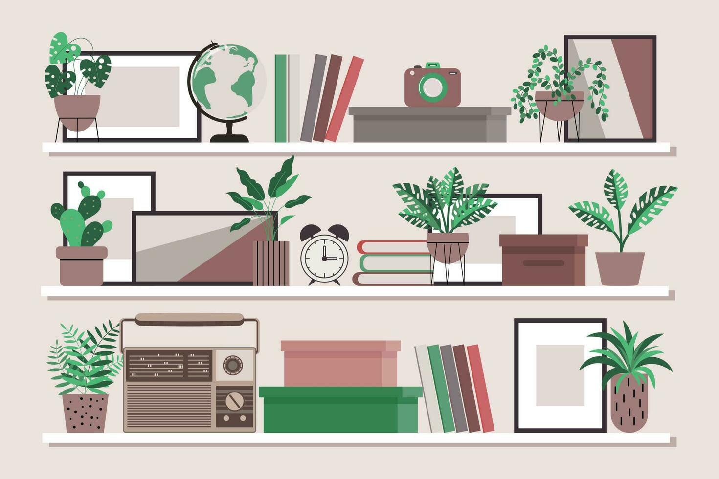 Interior Design. Shelves with books, radio, alarm clock, paintings and potted houseplants. The concept of home comfort. Illustration, vector