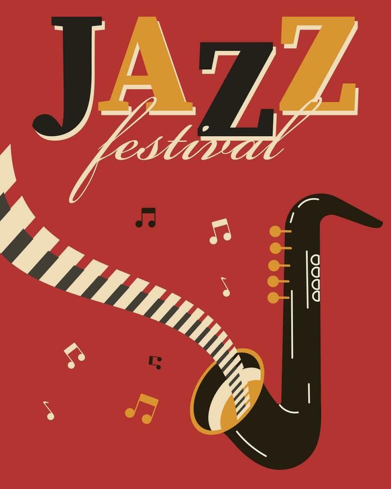 póster para internacional jazz día, jazz festival. saxofón con piano llaves y notas retro póster, bandera, vector