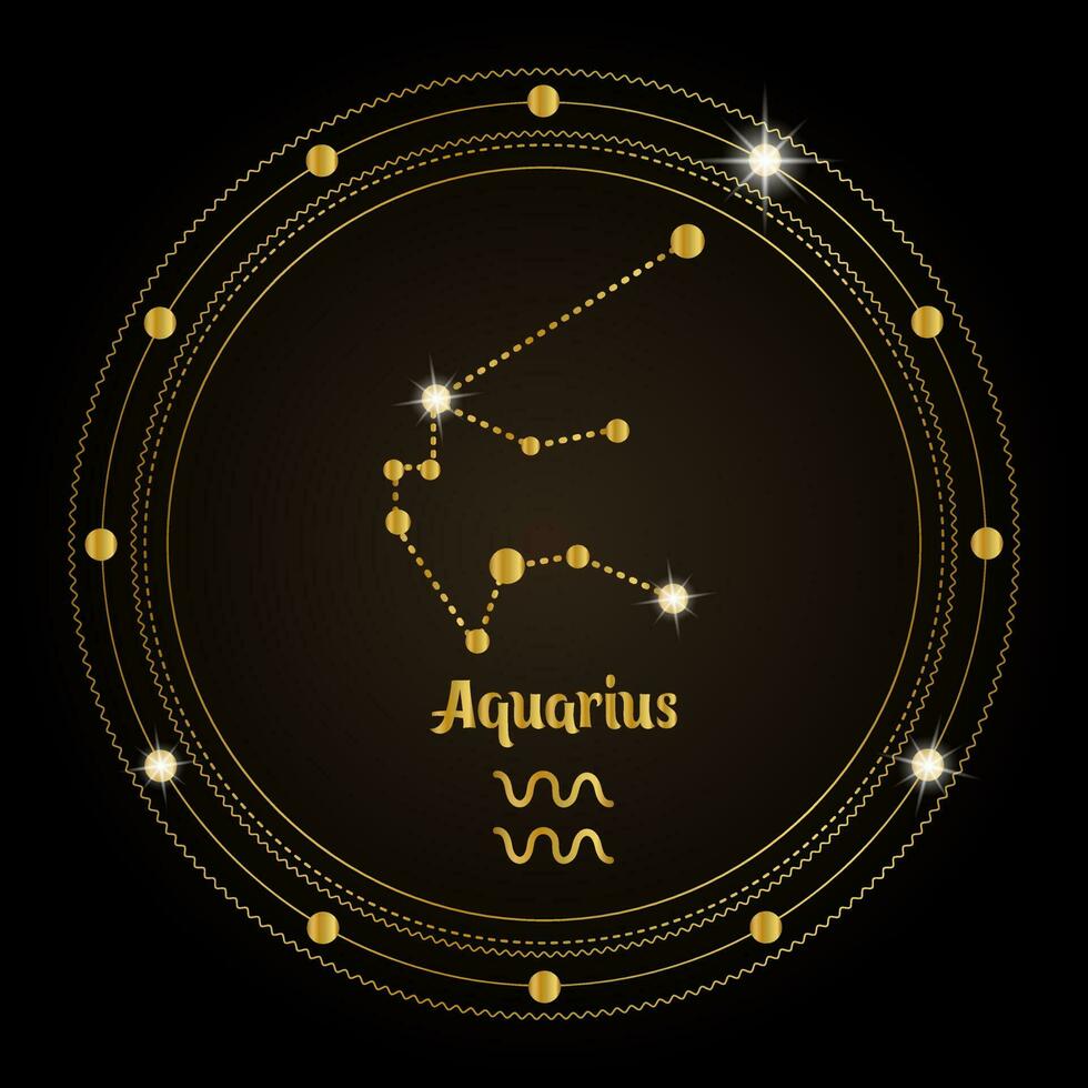 Aquarius, constellation of the zodiac sign in the cosmic magic circle. Golden design on a dark background. Vector