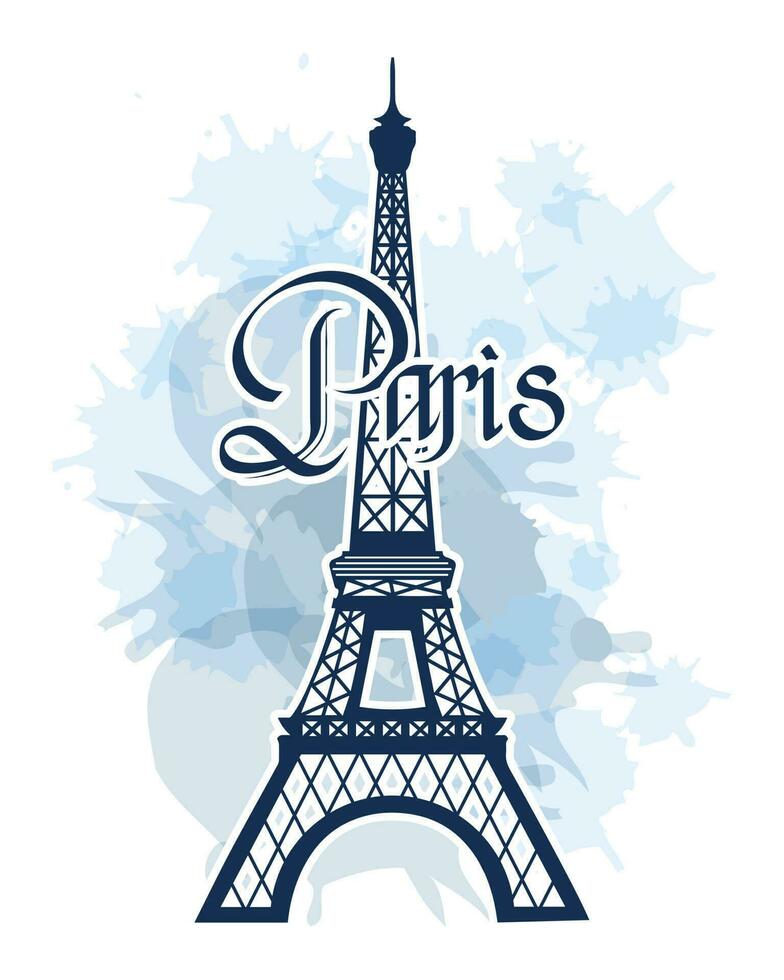 Eiffel tower and Paris text on blue watercolor background. Print for t-shirts, poster, vector