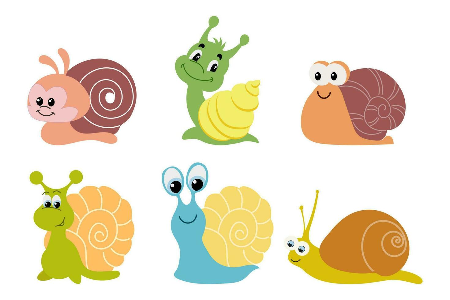 Set of cute cartoon snails. Colorful baby snails, icons, stickers, vector