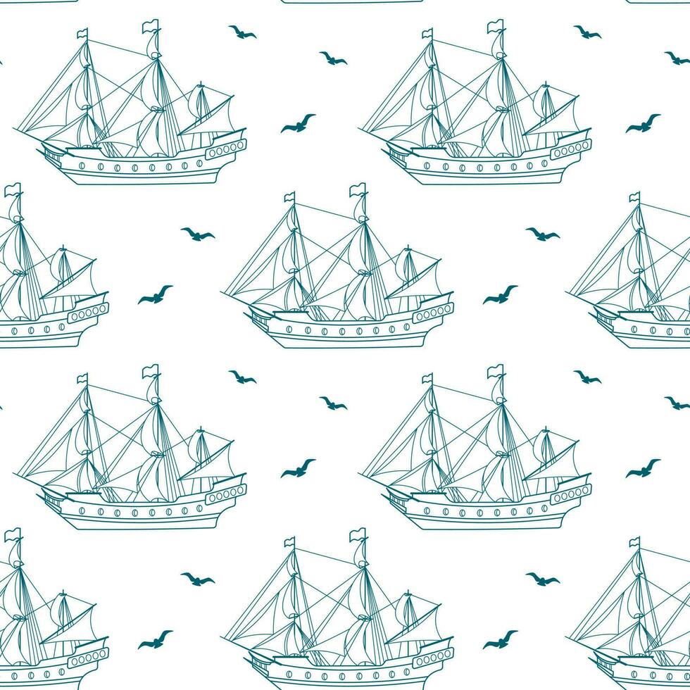 Seamless pattern, blue sea ship, frigate, caravel with seagulls on a white background. Nautical background, line art, vector
