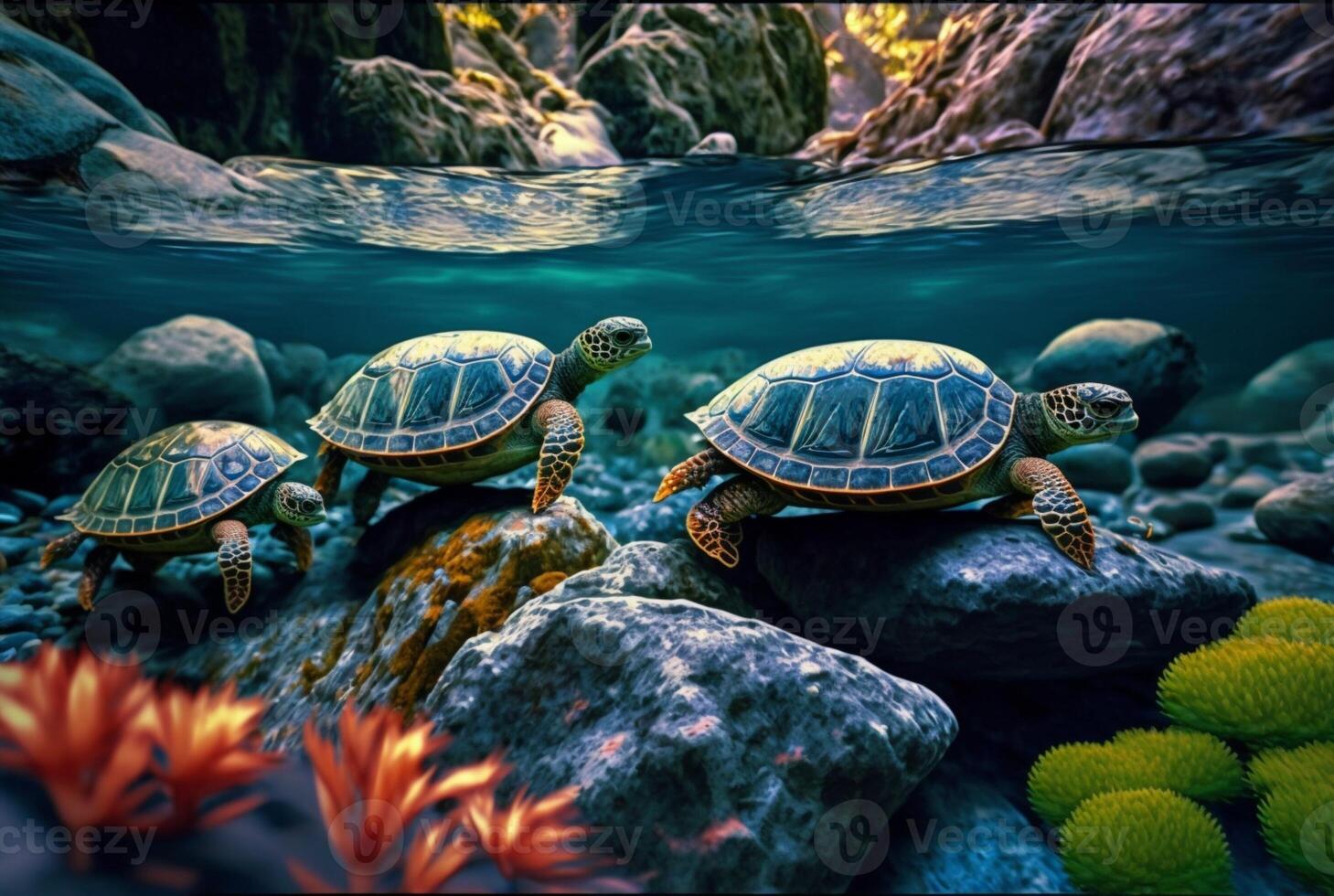 tortugas en un hermosa río. generativo ai foto