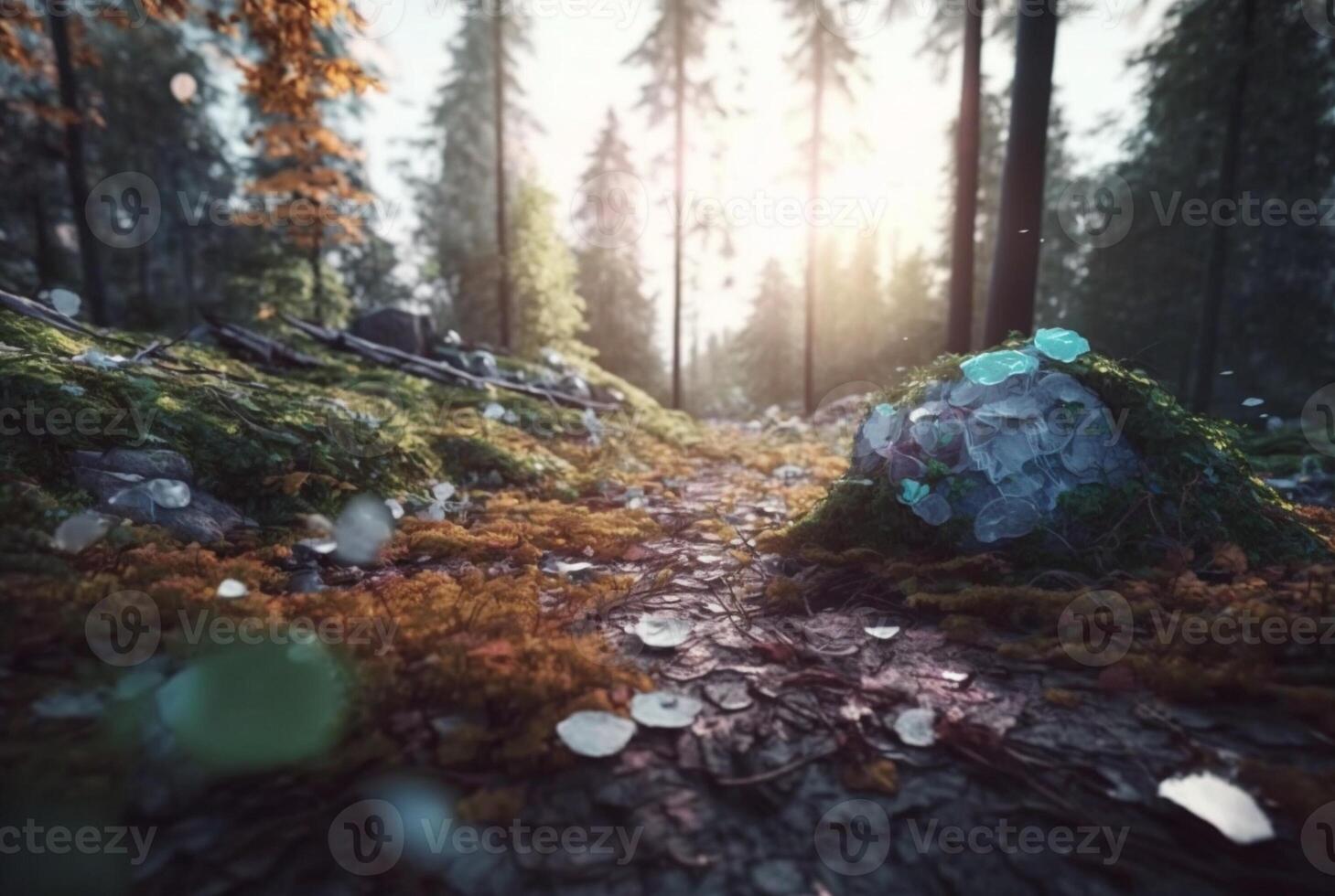 trash strewn forest.pollution concept. photo