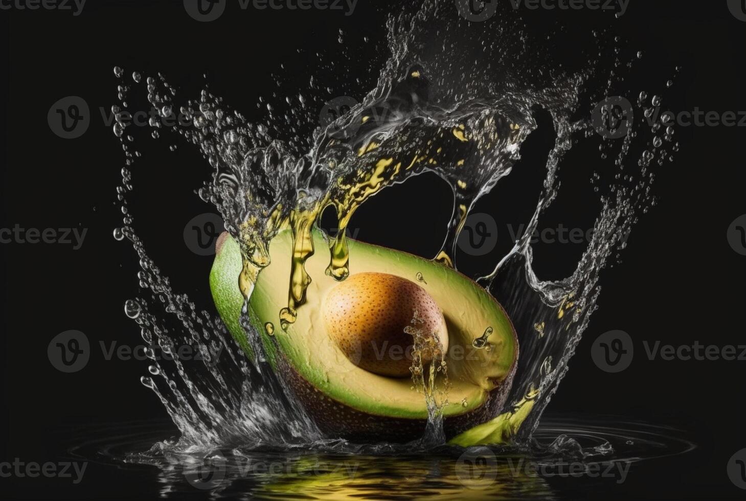 Fresco aguacate con agua chapoteo aislado en negro antecedentes. generativo ai foto