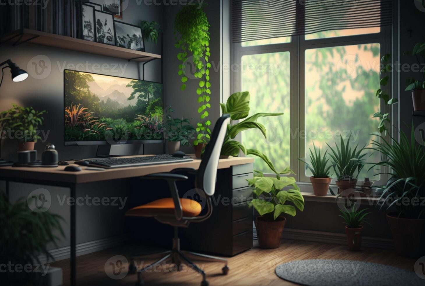 Cozy home office interior featuring furniture, houseplants and large windows to let in natural light. photo