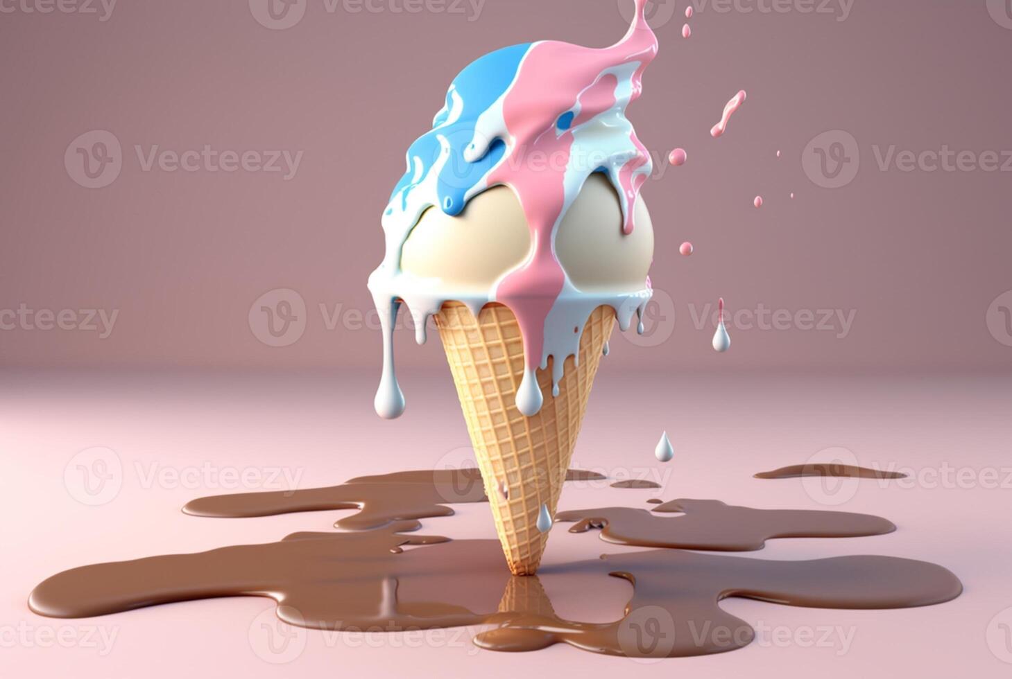 Colorful ice cream splashes, melting ice cream cone. . photo