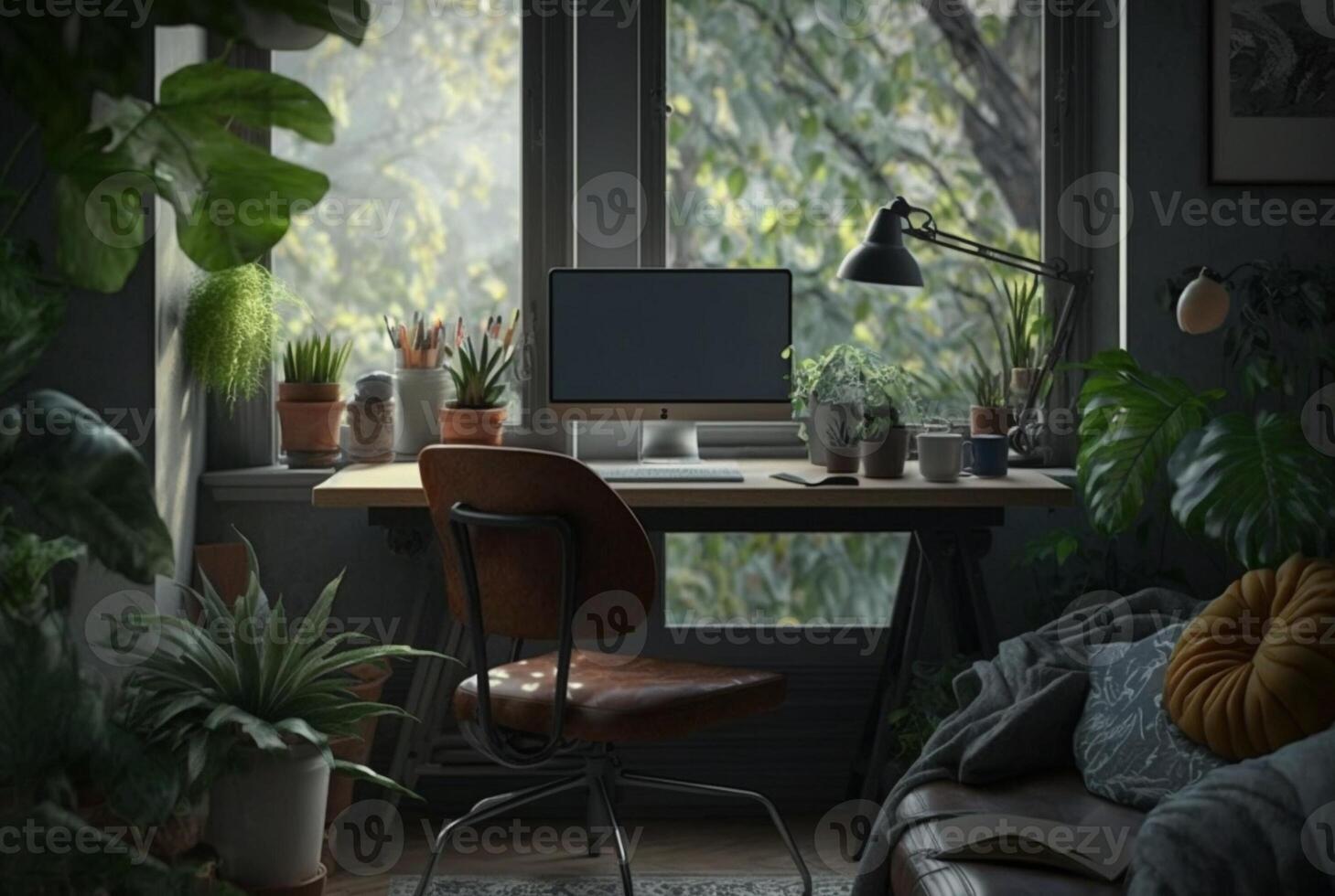 Cozy home office interior featuring furniture, houseplants and large windows to let in natural light. photo